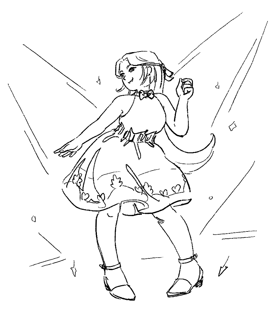 A sketch drawing of the game character Malva dancing happily on the dancefloor at the club..