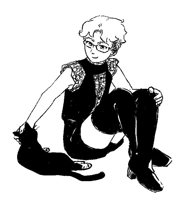 A sketch drawing of the game character Sorrel sitting with his cat and listening to music in his airbuds..