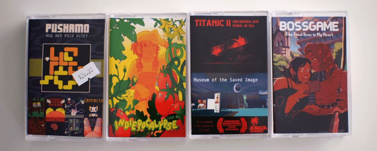 A photo of four cassette tape cases with colorful covers on a white table surface.